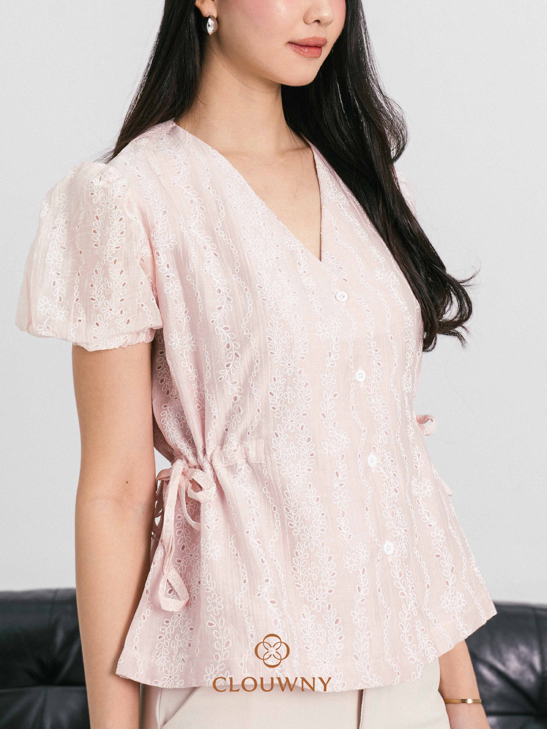 Angela Embroidery Side Drawstring Blouse - Pink